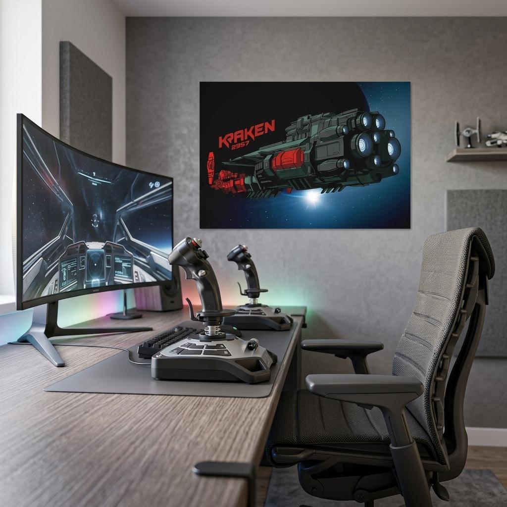 KRAKEN 2957 sci-fi gaming poster displayed in a premium gaming setup